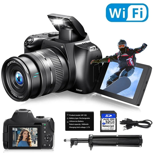 Cámara digital de 72 MP 180 °   Cámara Flip Screen SLR DSLR 4K de 3 lnch para fotografía Cámara antivibración con enfoque automático y zoom óptico 12X